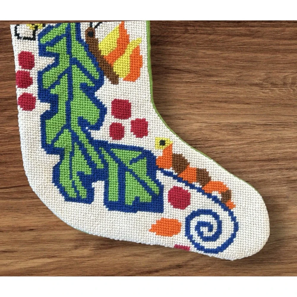 Handmade Needlepoint Christmas Stocking Folk Art Scandi‎ Pennylvania Dutch Retro